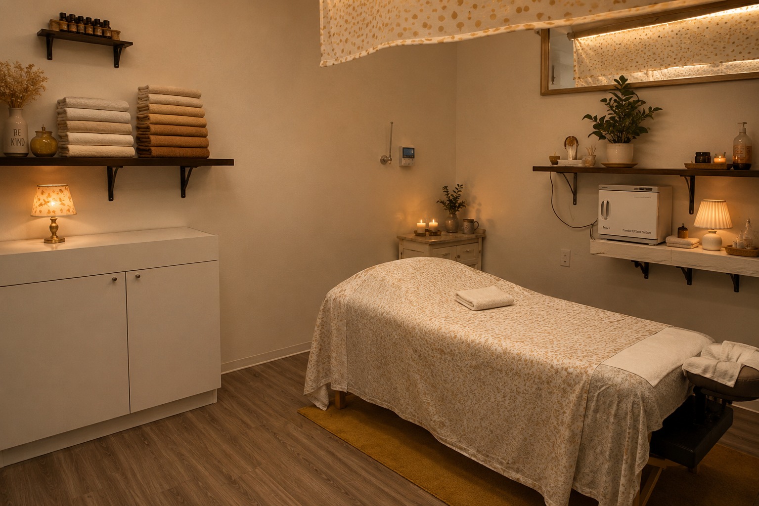 Sunlit massage room with linens, wood furnishings, and greenery at Houston Relaxology